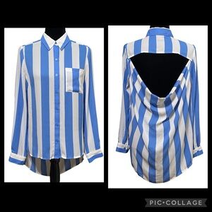 Forever 21 Blue White Striped Open Back Button Blouse Size Medium